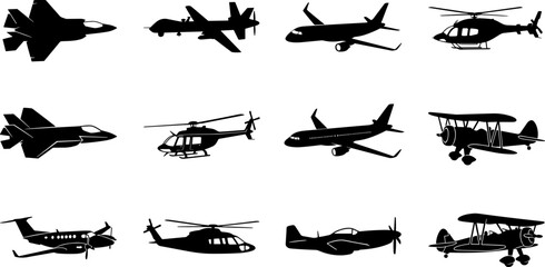 Set of military and commercial aircraft silhouettes including fighter jets, helicopters, passenger planes, drones, and vintage biplanes © fulbabu