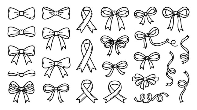 Hand drawn bow and ribbon outline set with decorative elements