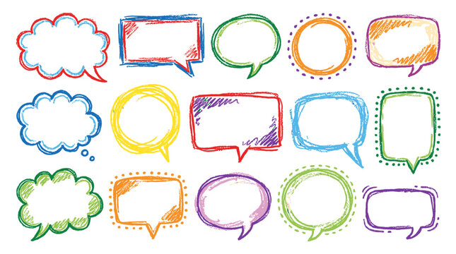 Set of colorful hand drawn crayon speech bubble frames