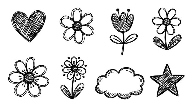 Hand drawn doodle set with heart flowers cloud and star
