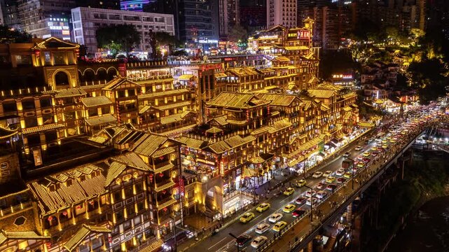 Chongqing cyberpunk city skyline with river and hongyadong night time