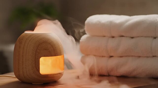 A wooden ultrasonic aroma diffuser releases steam beside a stack of white cotton towels in a spa.