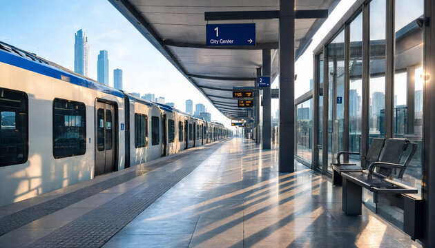 Modern train stopped at a station platform with urban skyscrapers in the background during golden hour public transport passenger train station building business district modern architectu