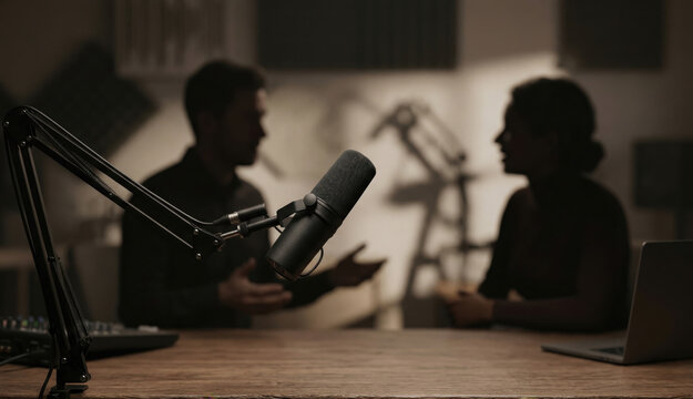 Silhouetted man and woman speaking into microphones at a podcast or recorded interview setup. Capturing customer stories and discovery insights via audio recording.