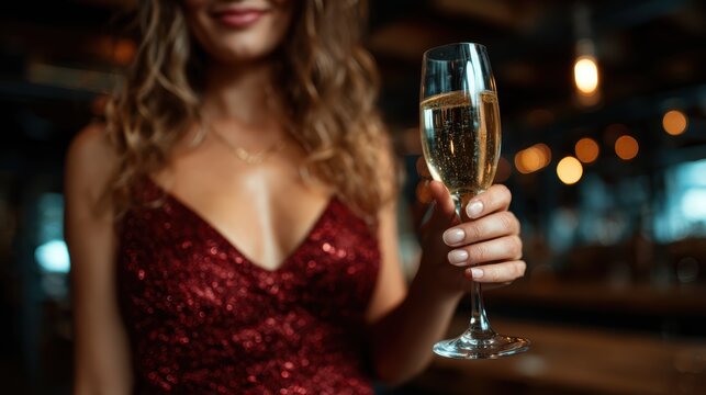 An elegantly dressed woman joyfully toasting with a glass of champagne in a chic setting, embodying celebration and glamour perfect for event themes.