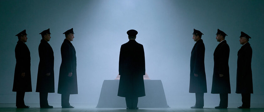 A group of men in uniform stand in a semicircle, facing a central figure. They are silhouetted against a spotlight, creating a dramatic and mysterious atmosphere