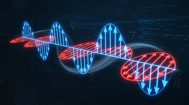 Electromagnetic wave with electric and magnetic fields | Physics illustration of wave propagation | Energy and field visualization in science