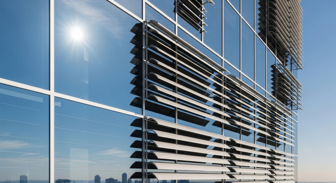 Modern smart city building with reflective glass windows and advanced infrastructure under clear blue sky and bright sunlight