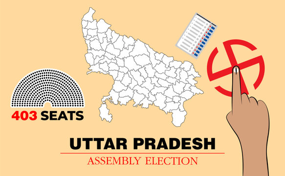 Uttar Pradesh Legislative Assembly election banner, UP map outline with voter hand and EVM machine.