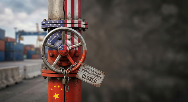 US China trade tensions valve lock padlock flag industrial port container shipping metal security closed tariff microelectronics chain business