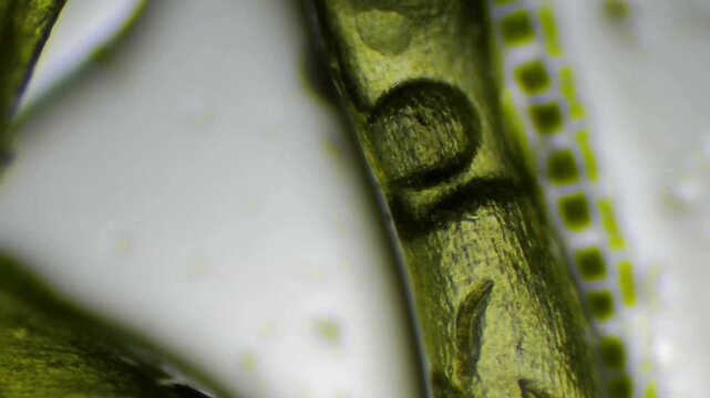 Extreme microscopic close-up of textured kelp and Spirogyra algae with soft copy space on the left
