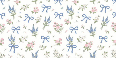 Fototapeta premium Pastel Floral Pattern with Bows: A charming seamless pattern featuring delicate pastel roses, lavender sprigs, and small white flowers, interspersed with playful blue bows on a white background.