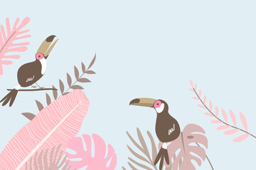 Obraz premium Pastel pink tropical bird border, blue design