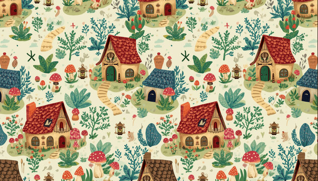 Whimsical countryside pattern with cottages and gardens.