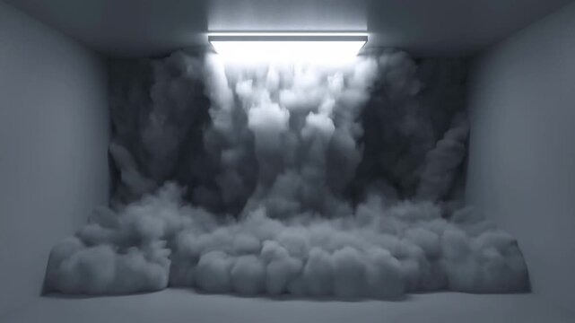 Dramatic cloud cascade in minimalist room with soft lighting and monochrome tones