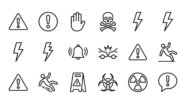 Alert and hazard line icon set with warning and safety symbols