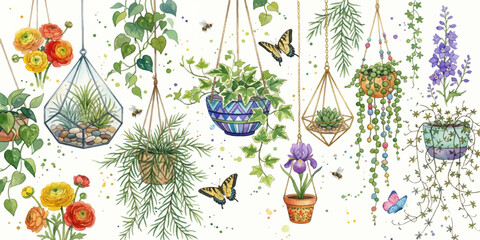 Hanging Garden Splendor: A vibrant collection of diverse hanging plants, terrariums, and blooming flowers creates a whimsical garden display, visited by delicate butterflies and buzzing bees. © Sorna