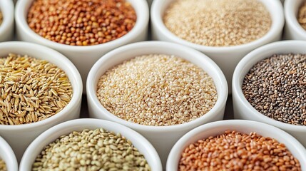 Obraz premium Bowls of various grains and seeds, healthy ingredients, nutrition