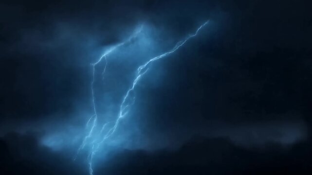 Slow motion vertical tracking of lightning bolt arcing through storm clouds and illuminating dark night sky across thunderstorm horizon atmospheric electricity