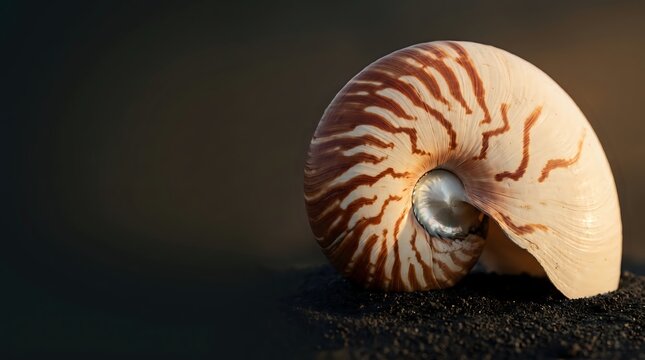 Extreme Macro of Nautilus Shell Golden Spiral with Dramatic Side Lighting and Iridescent Nacre