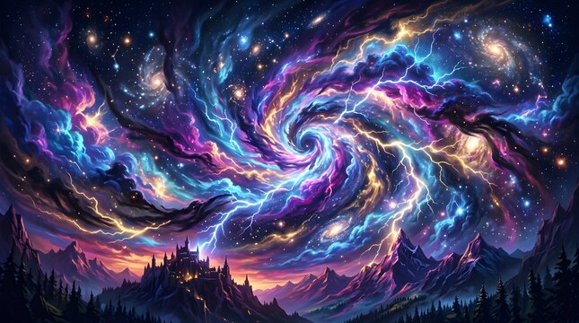 Majestic cosmic vortex swirls over a mystical mountain castle under a starry night.