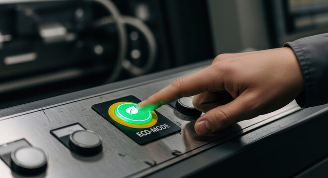 Eco mode button pressed on industrial machine control panel promoting environmental awareness and business efficiency with regulations compliance
