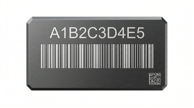 Rectangular metal tag with barcode and alphanumeric code on generated using ai