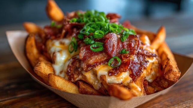 An appetizing dish of loaded fries topped with bacon, cheese, and green onions, presenting a delightful culinary experience that tempts the taste buds and highlights indulgent food.