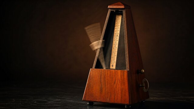 metronome. A vintage wooden metronome in motion on a dark surface. gardening catalogs, home-decor guides, designed for home decor and floral branding, used by biotech researchers.