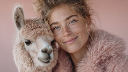 Fototapeta premium A cheerful woman poses with a friendly alpaca, wrapped in a fluffy pink coat, radiating positivity and joy, emphasizing the bond between humans and animals.