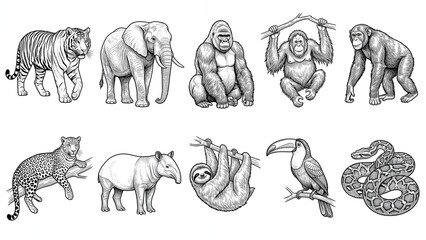 Fototapeta premium Wild jungle and rainforest animals collection black and white coloring page