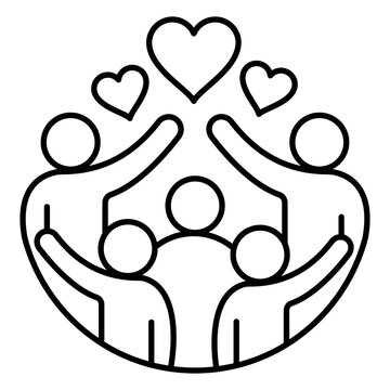Group of People Raising Hands to a Heart Line Icon for Unity