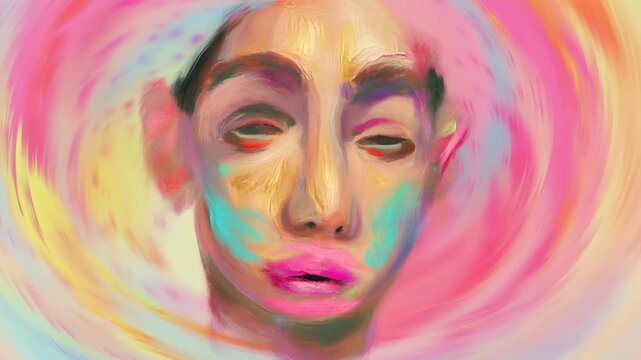 Vivid abstract portrait transformation with fluid colors and ethereal movement
