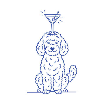 Minimalist Blue Line Art Illustration of a Curly Coated Poodle Dog Balancing a Martini Glass on its Head for Bar and Party Concept Design
