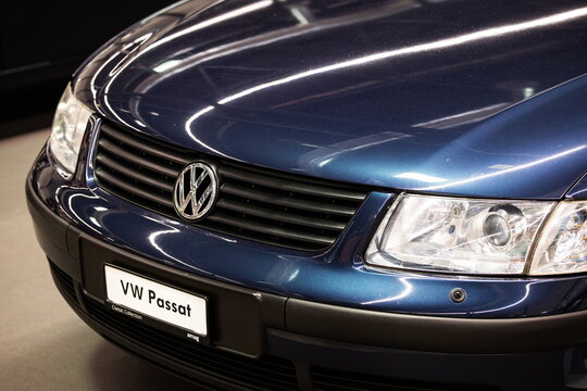 Lucerne, Switzerland, May 30, 2026. Front fascia of a classic blue metallic VW Passat B5 generation