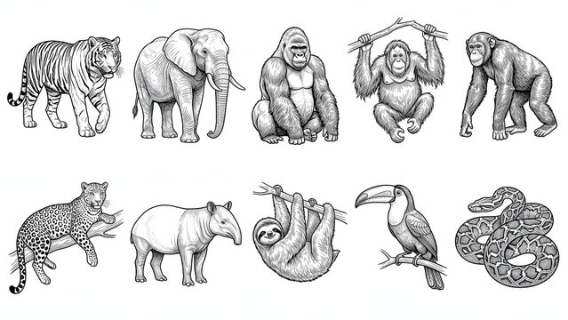 Wild jungle and rainforest animals collection black and white coloring page
