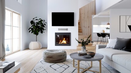 Fototapeta premium Contemporary Living Room with Cozy Fireplace and Modern Decor for Stylish Home Interior Design Inspiration