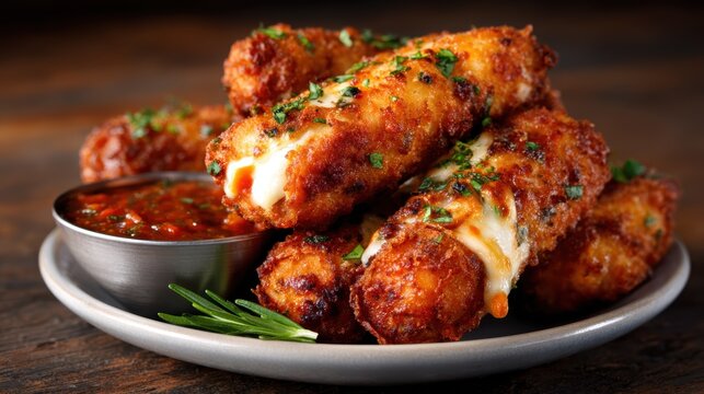 An enticing presentation of crispy mozzarella cheese sticks paired with rich marinara sauce, a perfect blend of flavors and textures for an enjoyable appetizer experience.