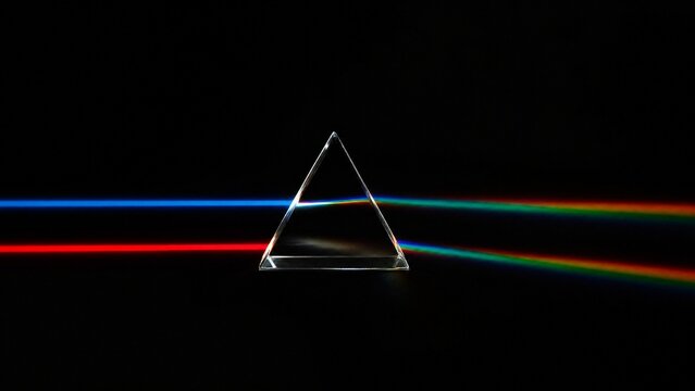 separation. Two colored light beams refracted by a clear glass prism on dark background. STEM education sheets, lab safety posters, designed for biotech research communications.