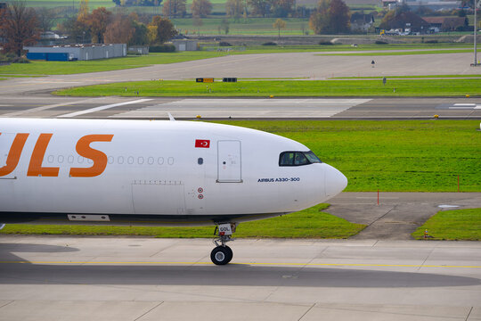 ULS Airlines Cargo Airbus A330-343(P2F) registration C-GOL taxiing at Swiss Z&uuml;rich Airport on an autumn day. Photo taken October 31st, 2025, Zurich Airport, Switzerland.