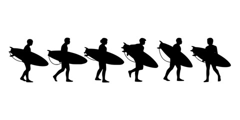 Fototapeta premium Surfers Carrying Surfboards Walking on the Beach in Silhouette Style Featuring Black, White, Outline with Sport and Ocean Elements for Waves, Water