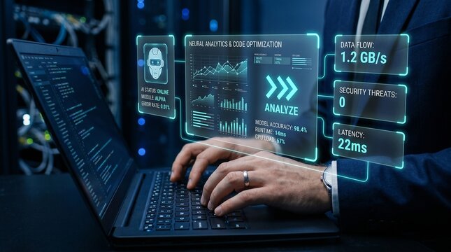Businessman analyzing data on laptop with neural analytics and code optimization graphics floating above keyboard in dark room with blue lights