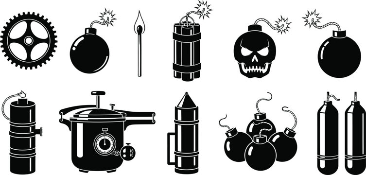 Black and white bomb and weapon icons set Vector