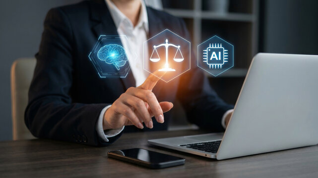 Ai ethics justice law technology society ai ethics transform society legal fairness concept business. future intelligence innovation. algorithm network learning system, justice law policy