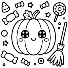 Fototapeta premium Cute Kawaii Pumpkin Character With Halloween Candies Stars and Broomstick Coloring Book Illustration Isolated on a Transparent or White Background