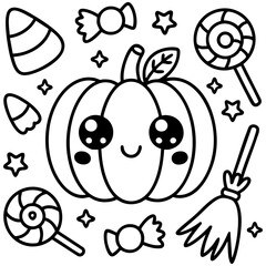 Fototapeta premium Kawaii Halloween Pumpkin With Sparkly Eyes Candy Corn and Broomstick Coloring Page Line Art Isolated on a Transparent or White Background