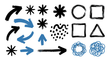 Hand drawn brush stroke arrows and geometric doodle shape set © Mark