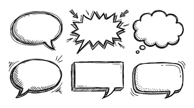 Hand drawn comic speech bubble set in sketch doodle style