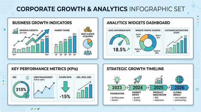 Corporate Growth and Analytics Infographic Set with Charts, Graphs, and Data Visualization