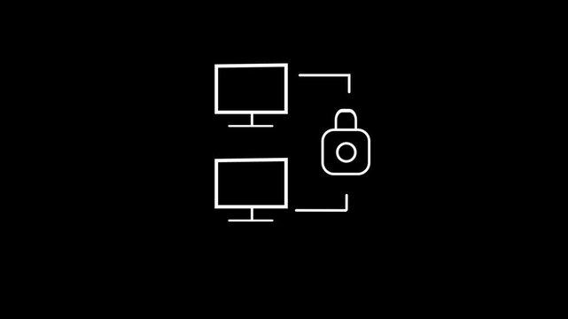 Cyber security and data privacy concept video showing an animated loop of two computer monitors connected by lines to a secure digital padlock on a dark background.